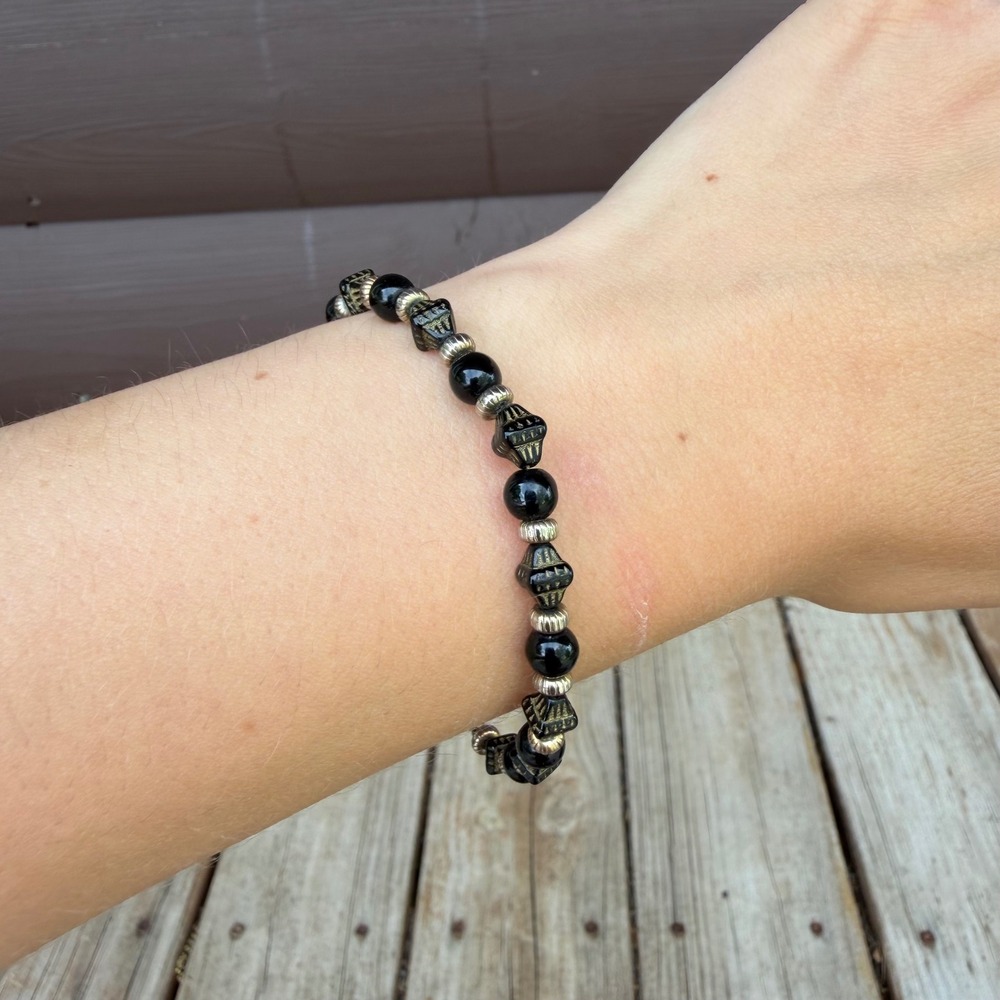 Vintage‎ Beaded Stack Bracelet Black Silver Tone Ornate Boho S-Hook Clasp